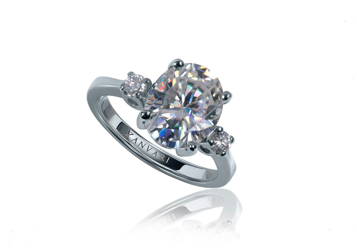 Luxury moissanite ring in 925 silver featuring oval cut stone and white gold plating