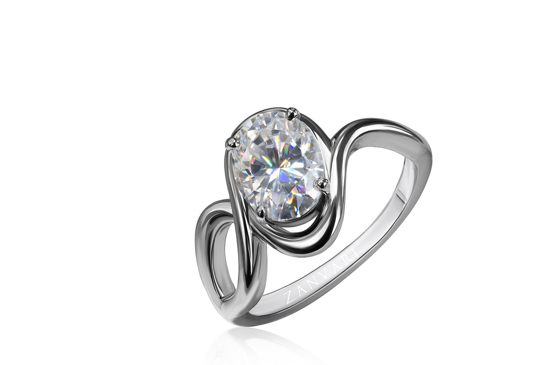 Silver Engagement Ring Rhodium Plated with oval cut diamond alternative stone 
