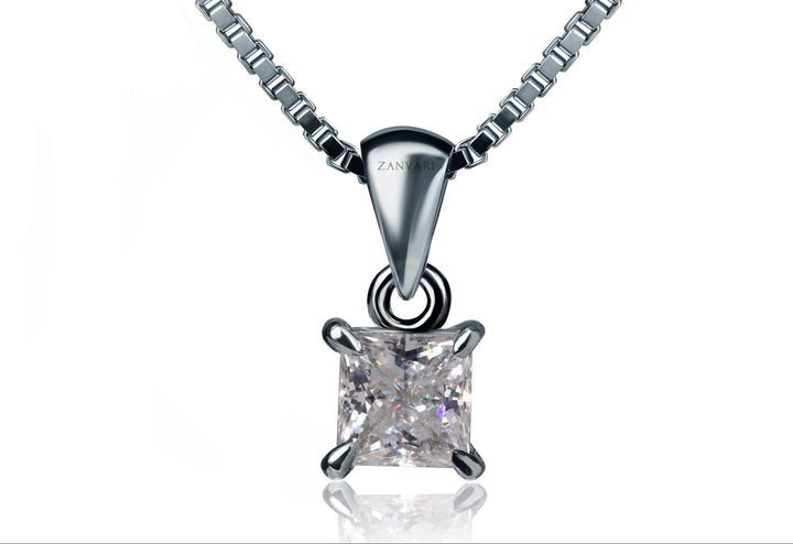 1 carat princess cut moissanite necklace being a perfect alternative for diamond, crafted in 925 silver comes with italian boxed chain.