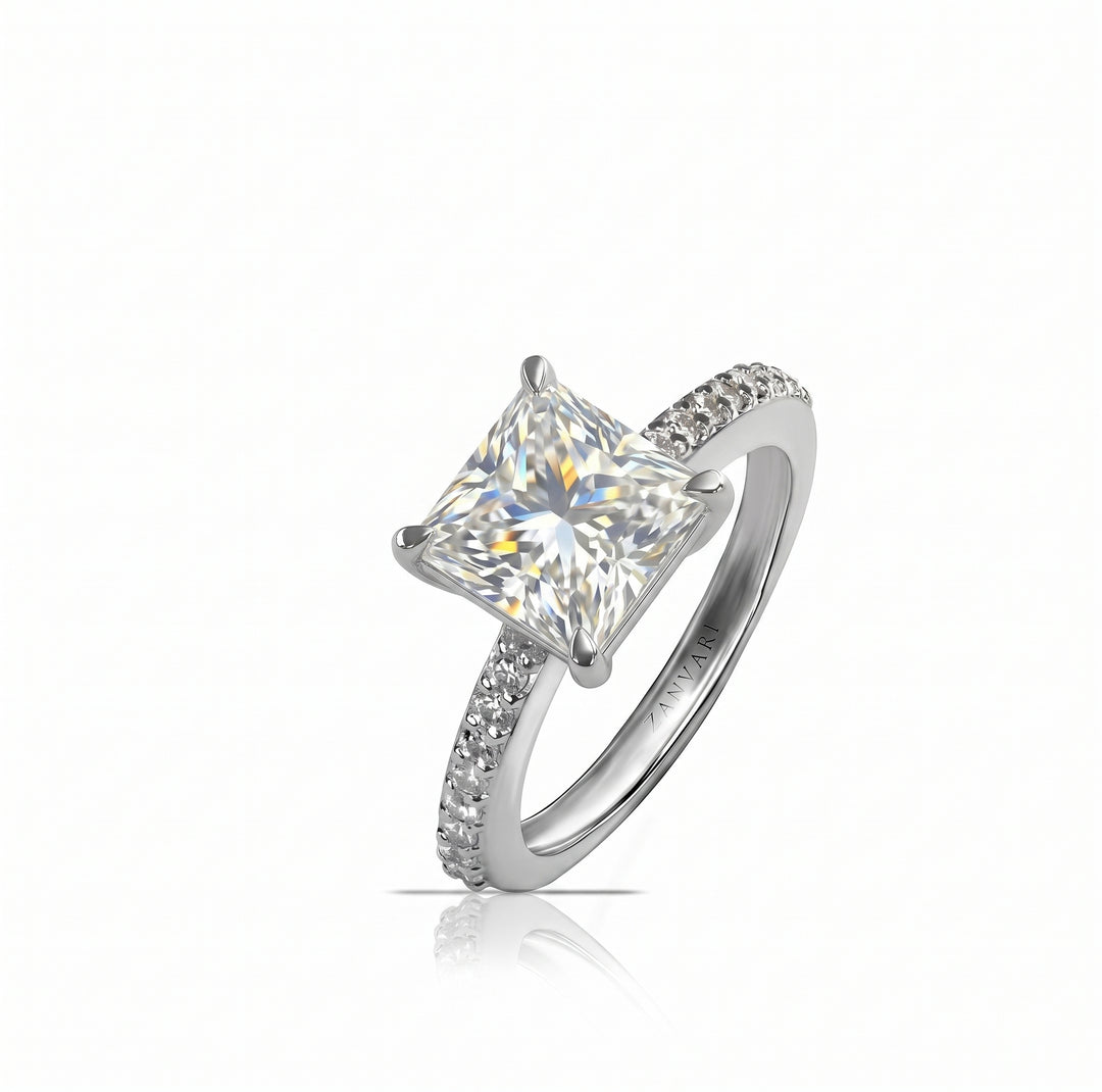 Showcasing princess cut moissanite engagement ring in silver