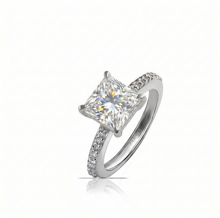 Showcasing princess cut moissanite engagement ring in silver