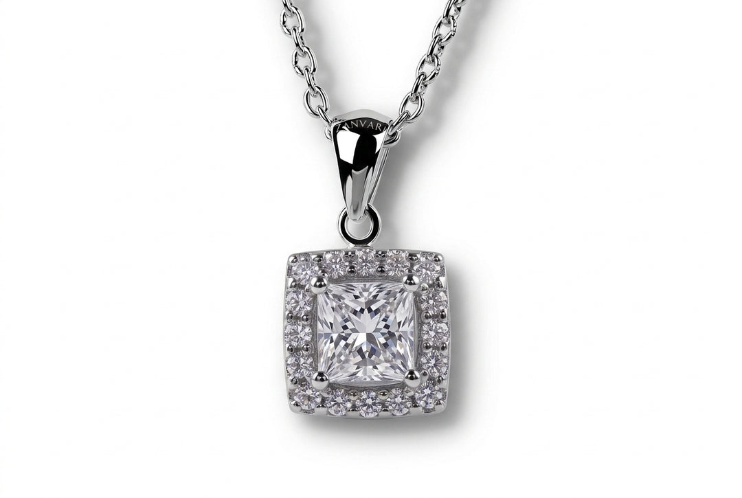 Princess cut moissanite halo necklace