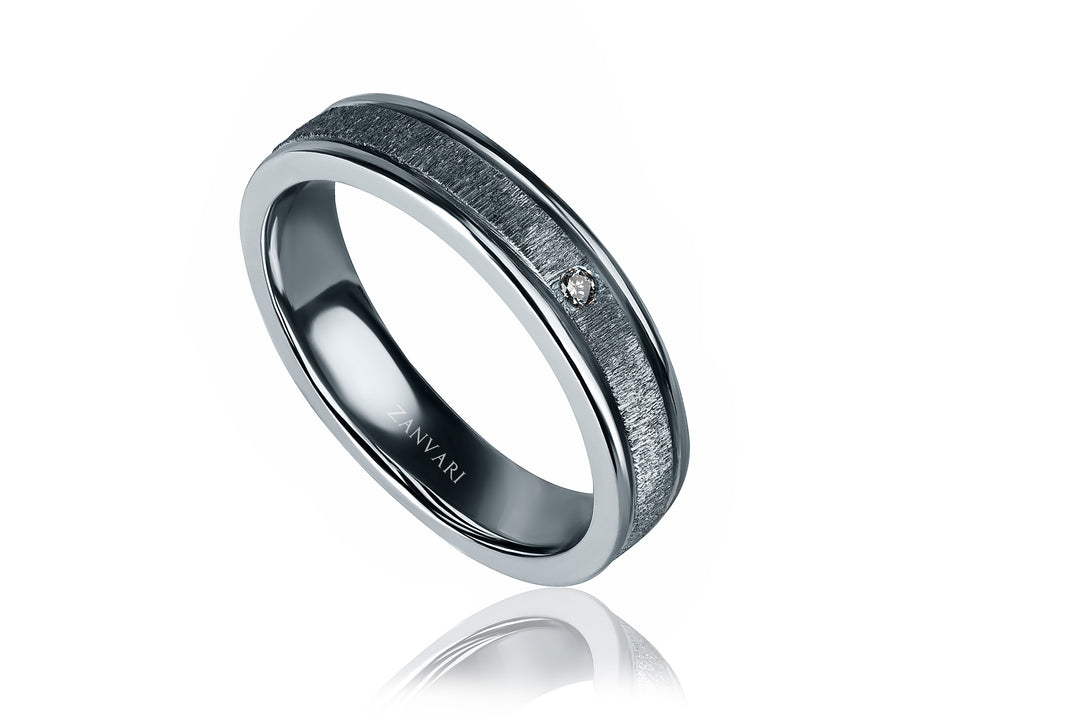 Men’s diamond wedding band in 925 sterling silver with white gold plating and brushed matte center — handcrafted by Zanvari Jewelry.