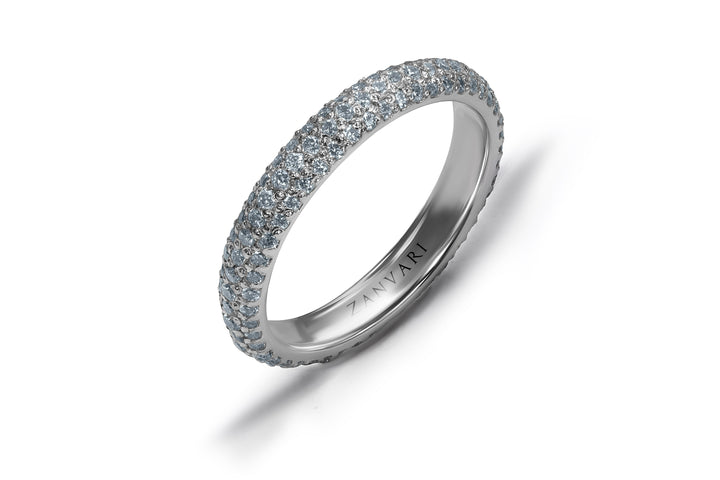 Rhodium-plated 925 silver eternity ring set with sparkling moissanite stones in a delicate pavé design, showcasing the Soft Shimmer ring’s elegant and timeless brilliance