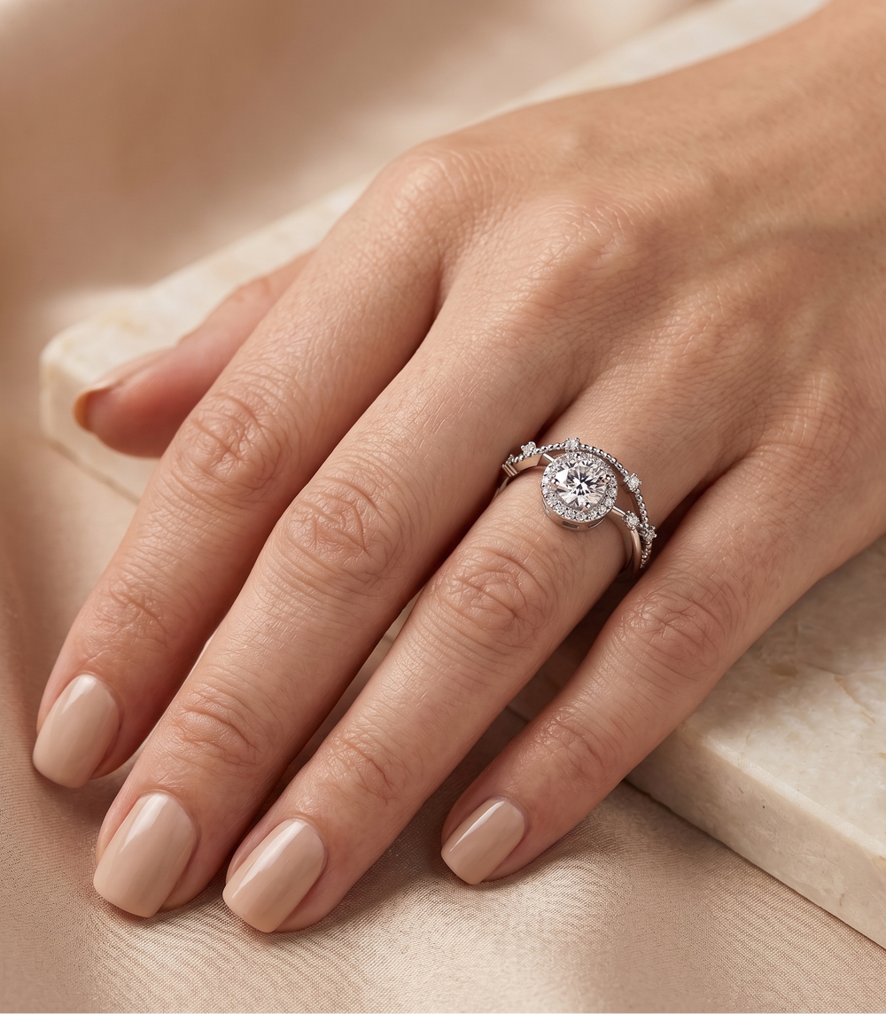 Model wearing the Prism of Passion Ring by Zanvari Pakistan — 1 carat round brilliant moissanite ring in rhodium-plated 925 sterling silver.