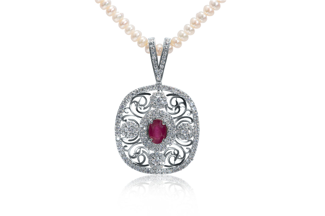 Premium ruby  and pearl string necklace in rhodium plated silver, featuring moissanite stones for extra brilliance.