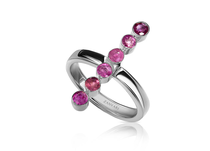 Handcrafted ruby bezel-set ring in 925 sterling silver with six 3mm natural rubies, rhodium plated for a white-gold finish by Zanvari Jewelry – elegant minimalist gemstone band handmade by skilled artisans.
