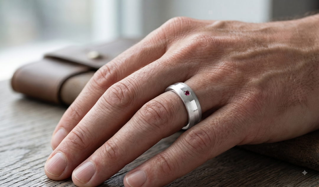 Bezel setted ruby in male ring