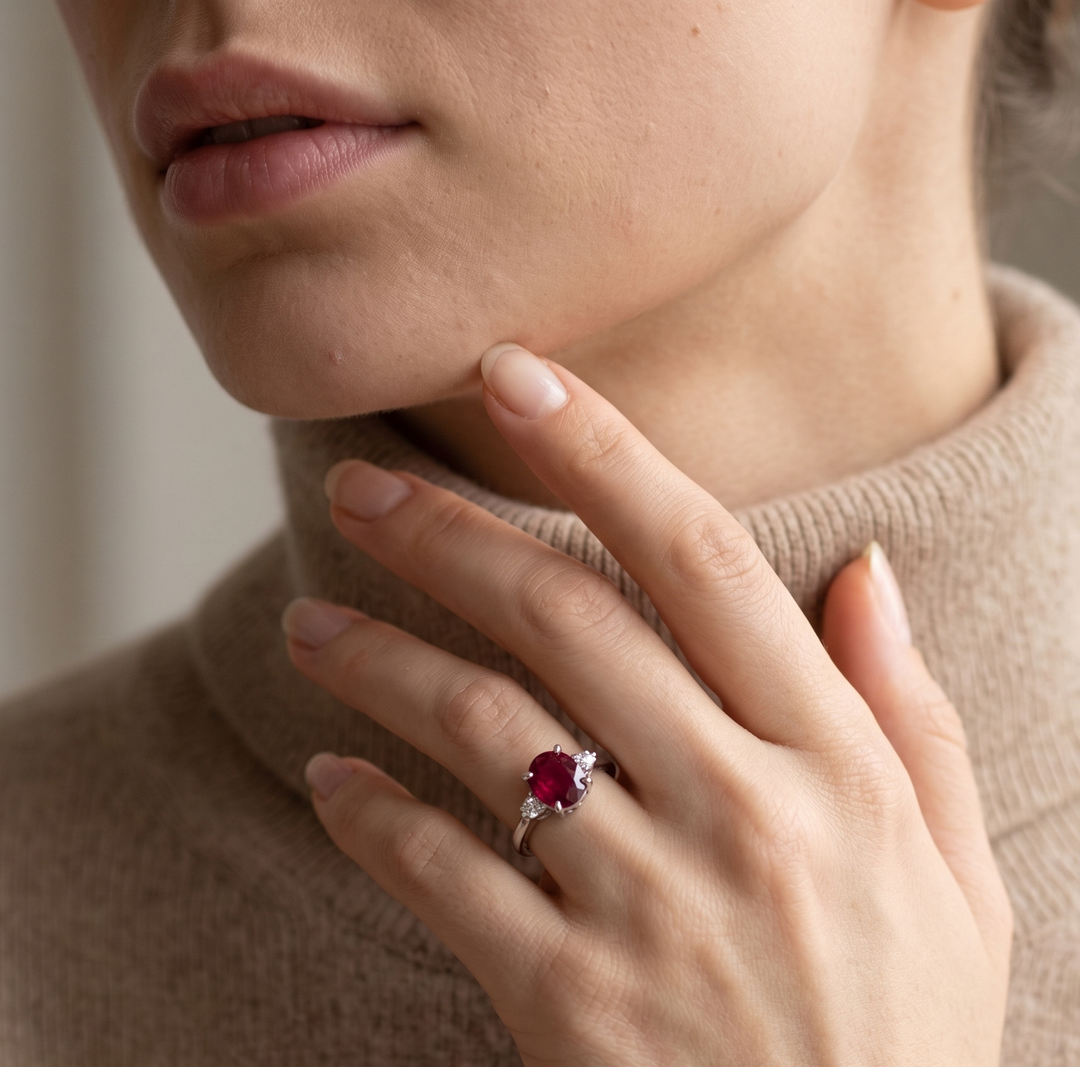 Girl wearing ruby ring in 925 silver