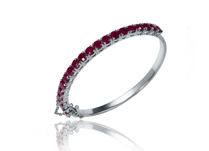 Zanvari ruby bangle with 20 certified 0.5 ct gemstones in sterling silver and white gold plating