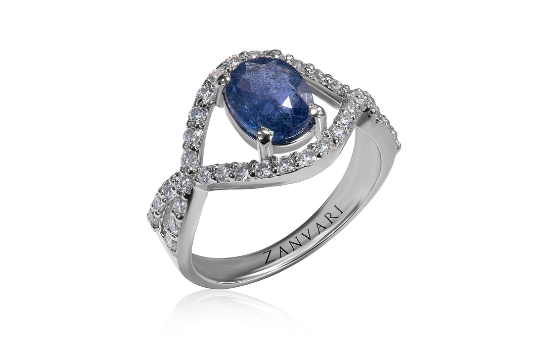 Ceylon sapphire embedded in silver with moissanite 