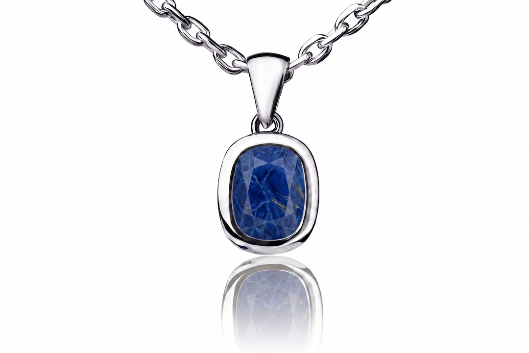 A silver pendant necklace featuring a cushion-cut blue sapphire gemstone in a polished silver bezel setting, suspended from a silver link chain against a white background with a soft reflection below.