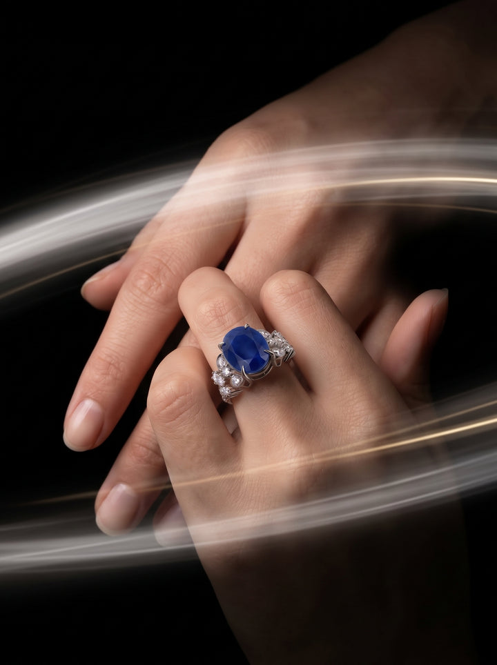 A close-up of a hand wearing a silver ring with a large oval blue sapphire 10 carat gemstone and small clear accent moissanite stones, set against a dark background with soft light streaks.