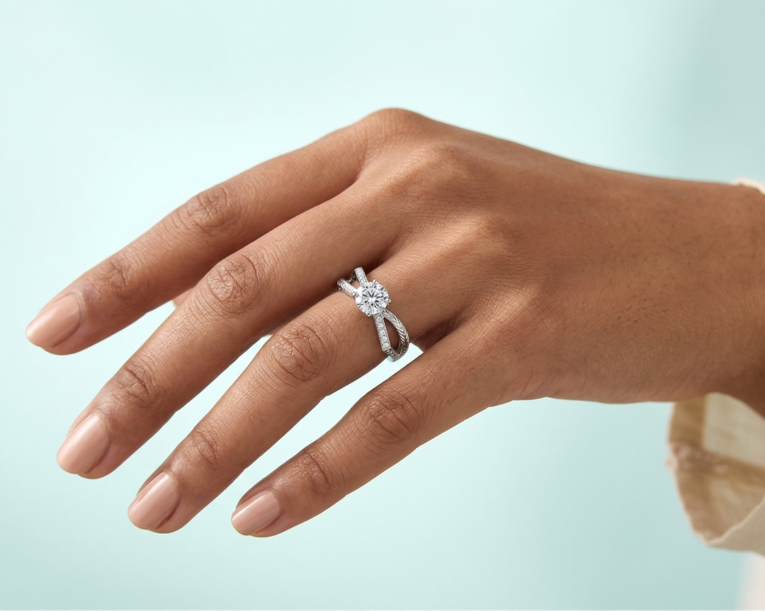 925 silver moissanite 1 carat ring worn by model on light background