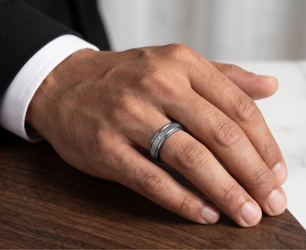 Hand wearing a moissanite  ring on a wooden surface with a blurred background