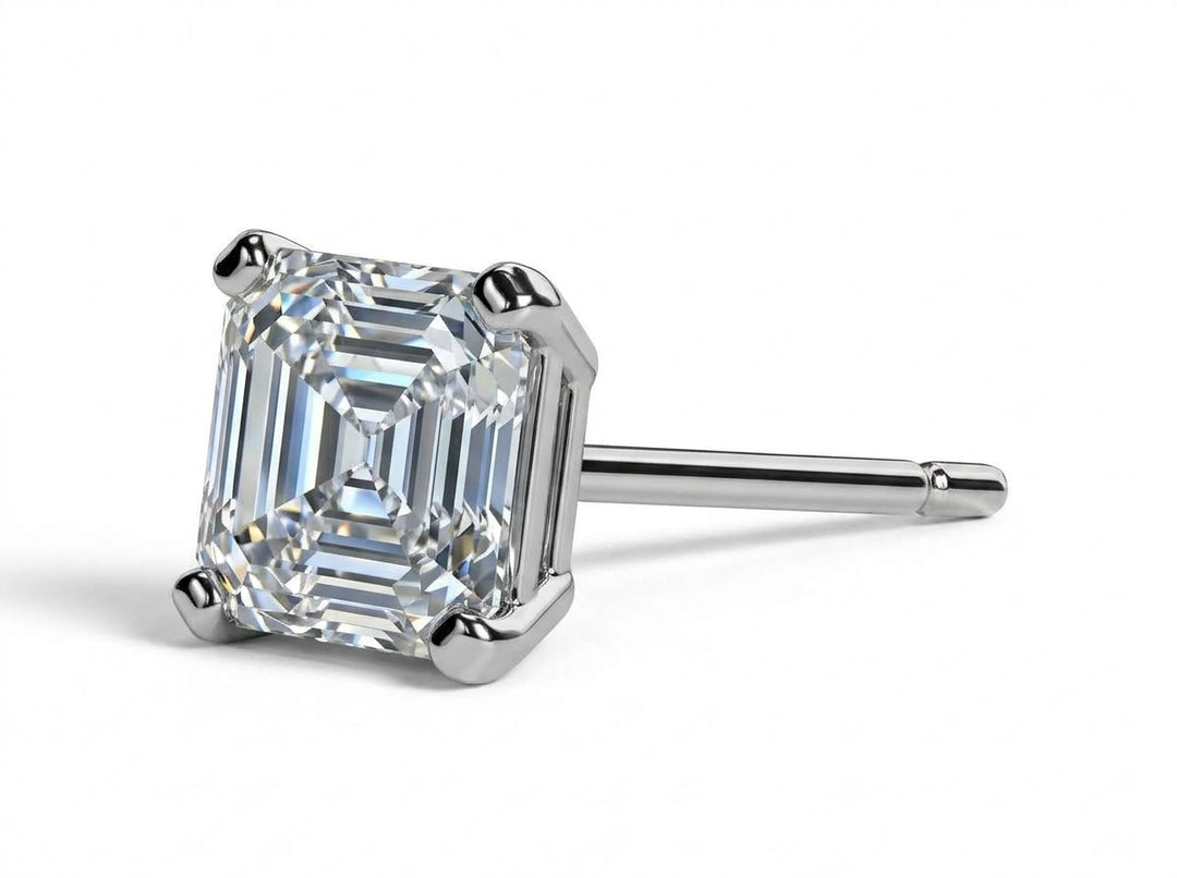 Asscher-cut diamond stud earring in a four-prong setting with post, shown on a white background.