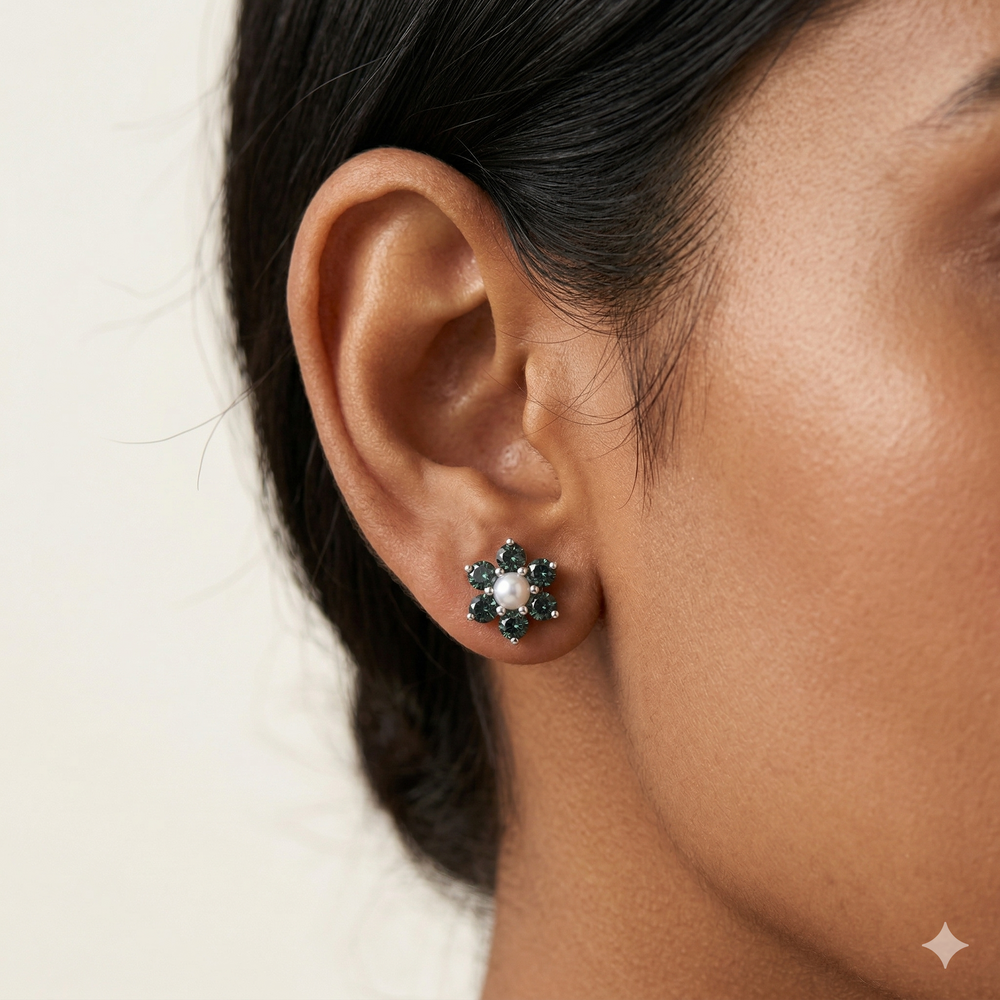 Natural tourmaline studs worn by a model