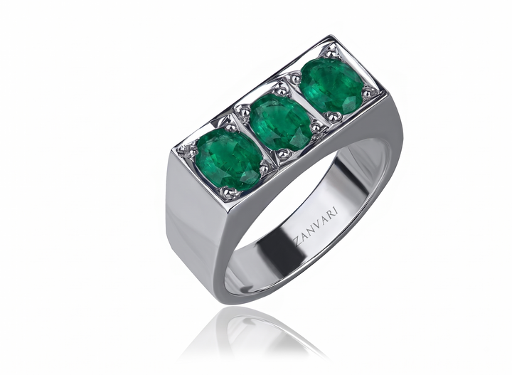 three 1.5 carat emerald stones in silver ring for male