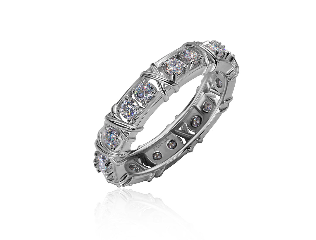 Zanvari Sixteen Stone Ring in 925 sterling silver, handcrafted and rhodium plated for a white-gold finish, featuring sixteen hand-mounted moissanite stones in an alternating cross-link pattern inspired by Tiffany’s timeless design