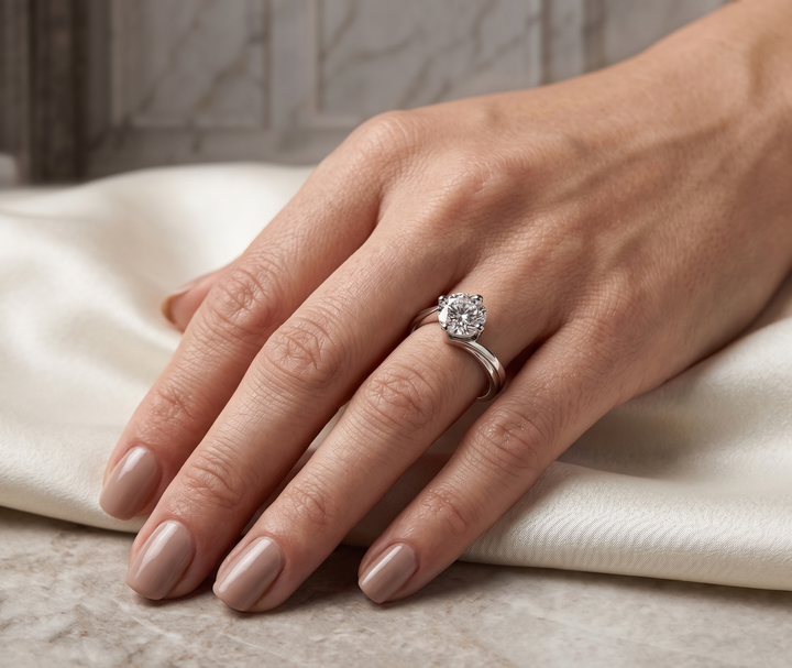 Hand wearing the Twisted Sparkle Ring by Zanvari Pakistan — 2 carat moissanite twisted band ring in rhodium-plated 925 sterling silver.
