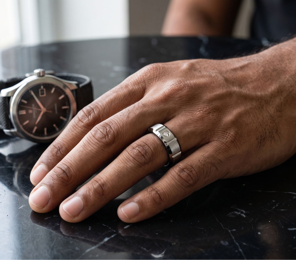 A silver-toned metal band ring worn on a man's ring finger, shown next to a black leather strap wristwatch on a dark reflective tabletop.