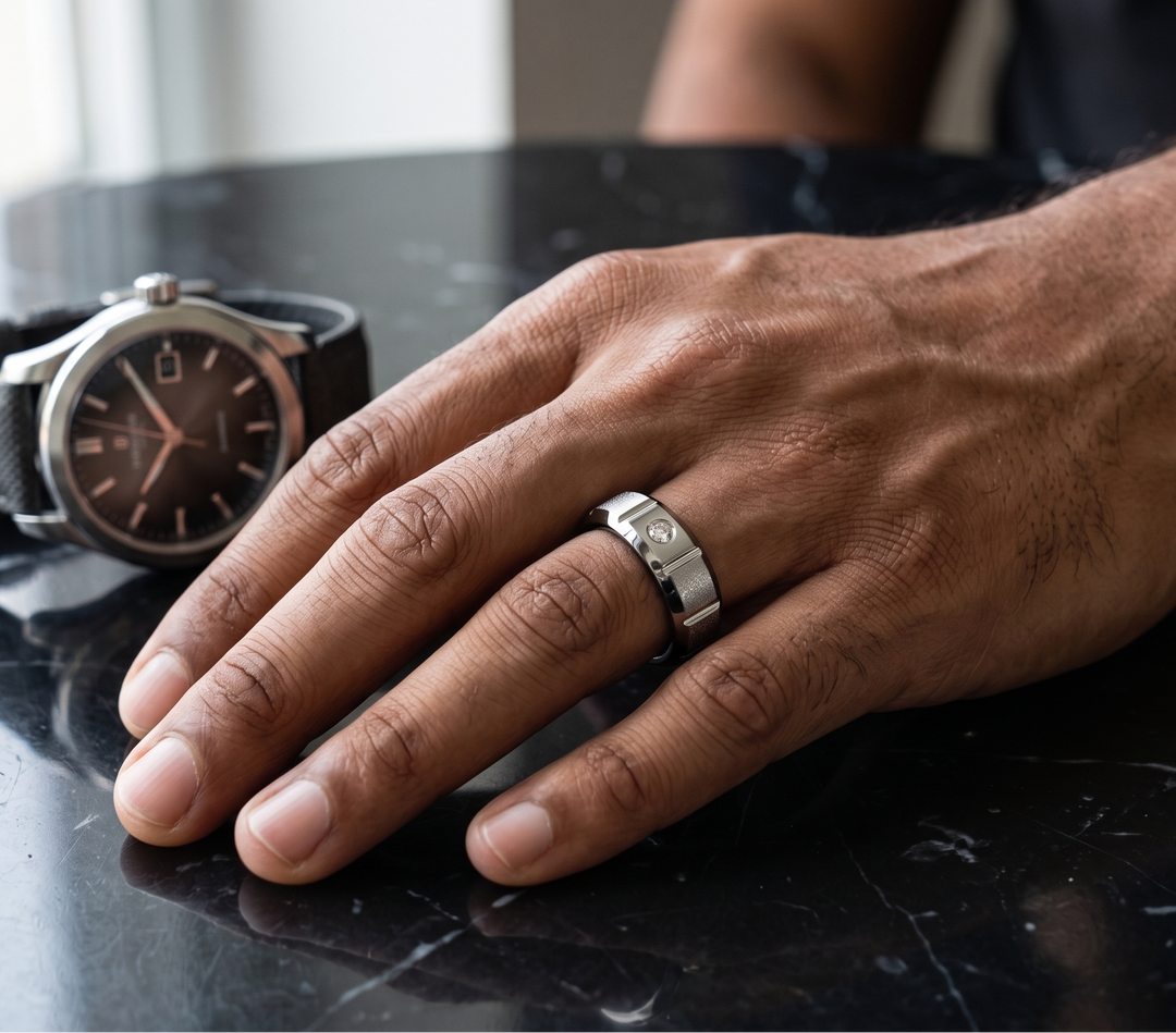 A silver-toned metal band ring worn on a man's ring finger, shown next to a black leather strap wristwatch on a dark reflective tabletop.