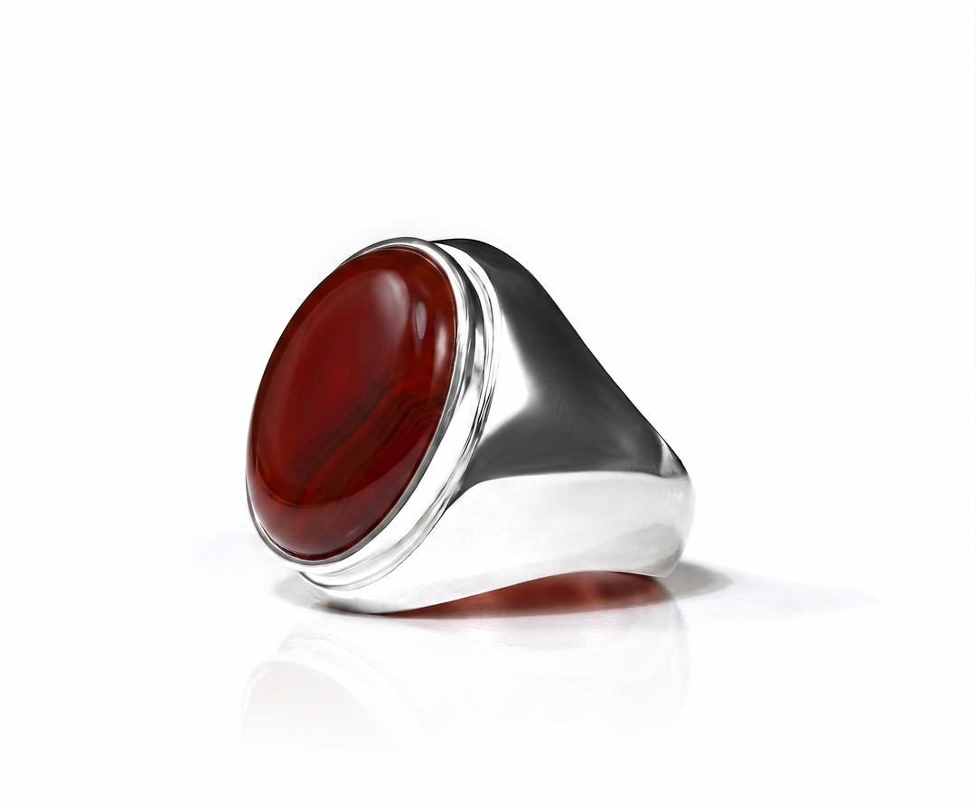 Men's 925 sterling silver ring set with a natural Yemeni aqeeq stone in deep red.