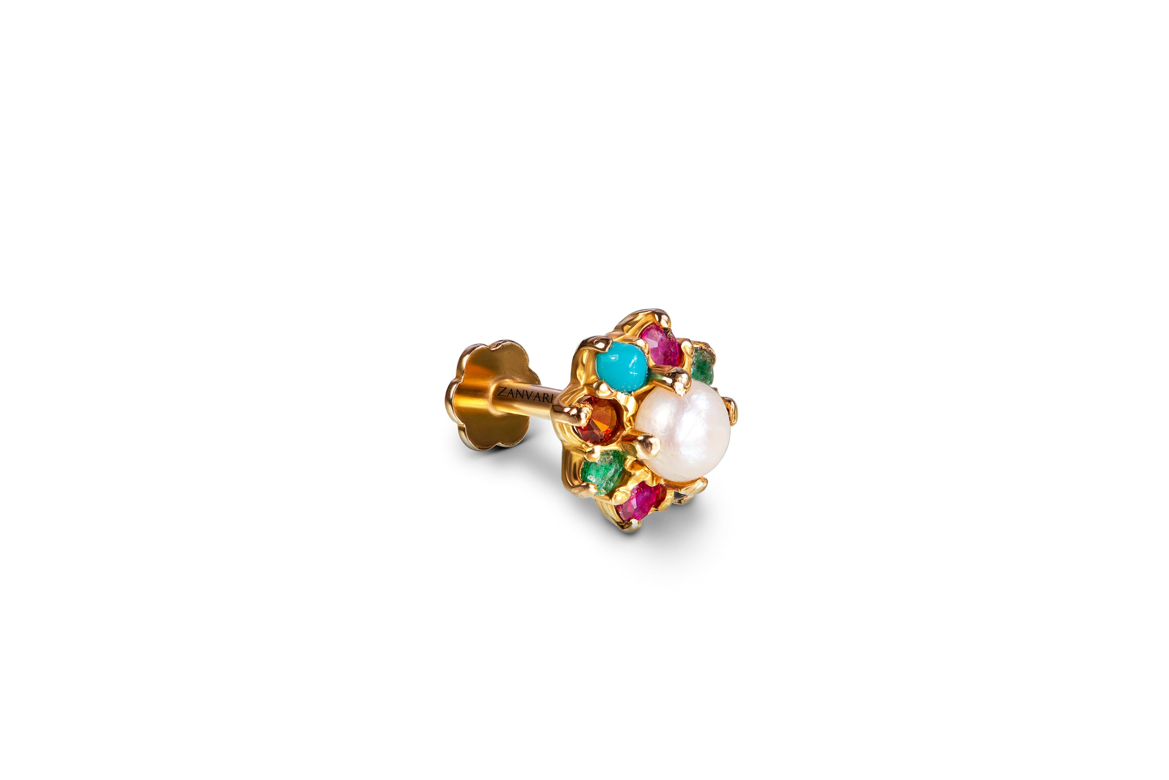 21k Gold Nauratan Nose Pin - Handcrafted with Intricate Detailing and Nine Auspicious Gems