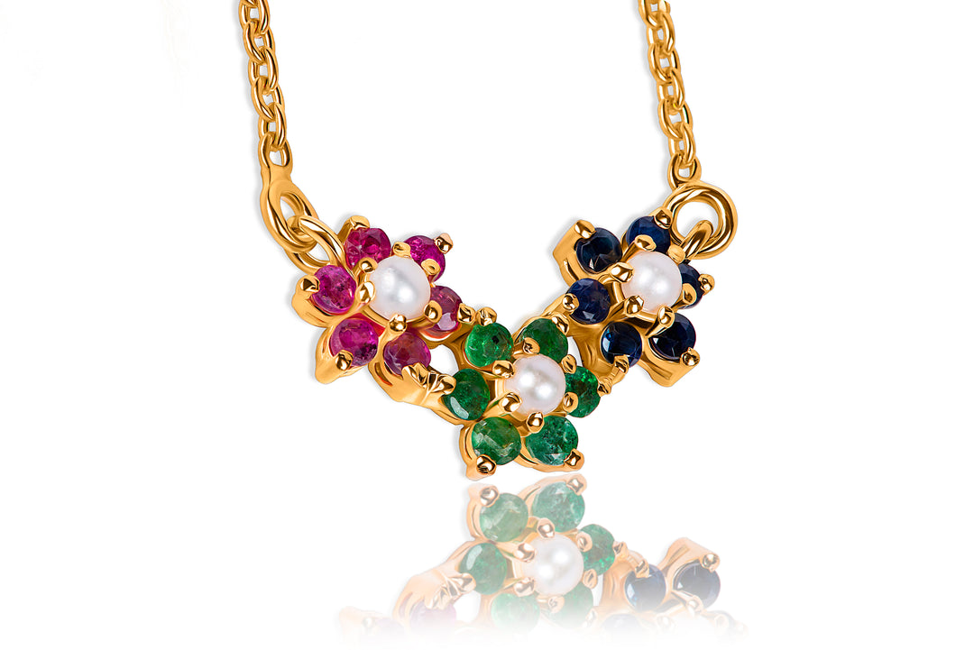 Ruby, Emerald and Sapphire Necklace in Sterling Silver 925 Gold Plated