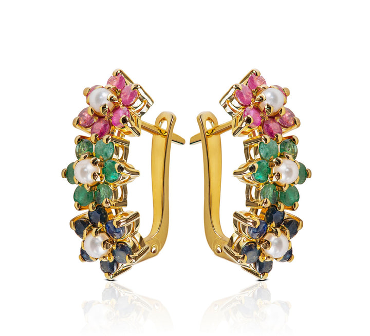 Natural Ruby, Emerald and, Sapphire Studs Earrings in Sterling Silver 925