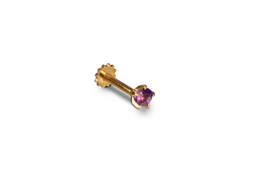 21k Gold Nose Pin with Natural Amethyst - Handcrafted with Genuine Amethyst Stone