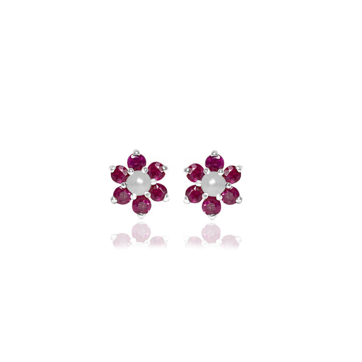 Genuine Ruby With Freshwater Pearls Studs In Sterling Silver 925