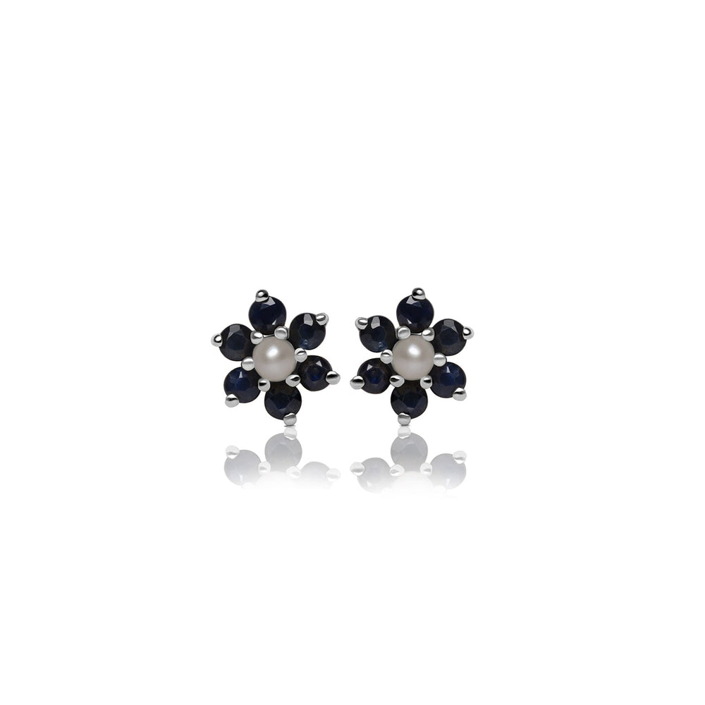 Genuine  Sapphire With Freshwater Pearl Studs Earrings In Sterling Silver 925
