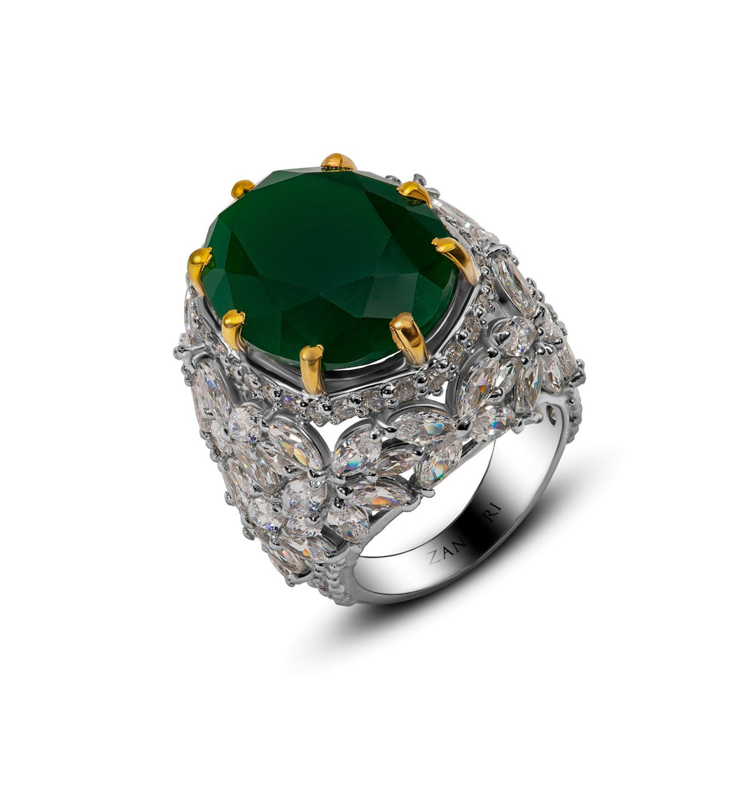 Elegant Jade Stone Ring with Zirconia Stones in Sterling Silver 925 Rhodium Plated