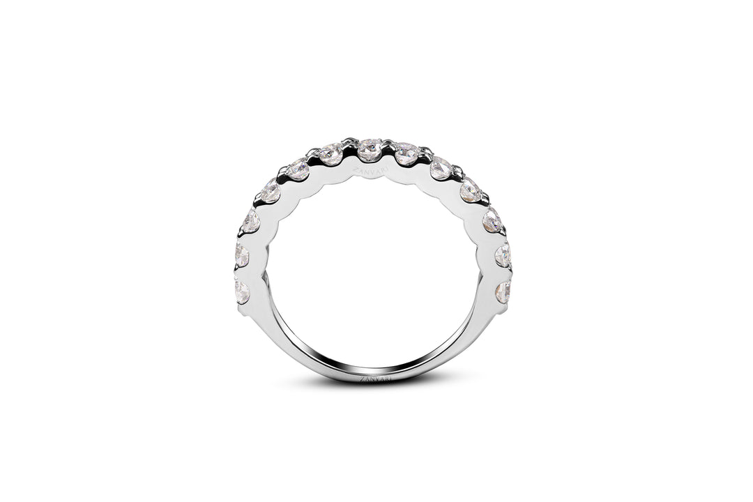 Side view of moissanite eternity band in silver 