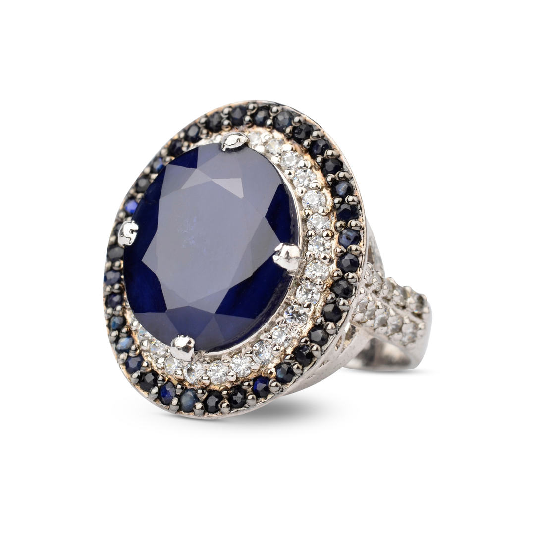 Sterling Silver 925 Sapphire Halo Ring with Zircons