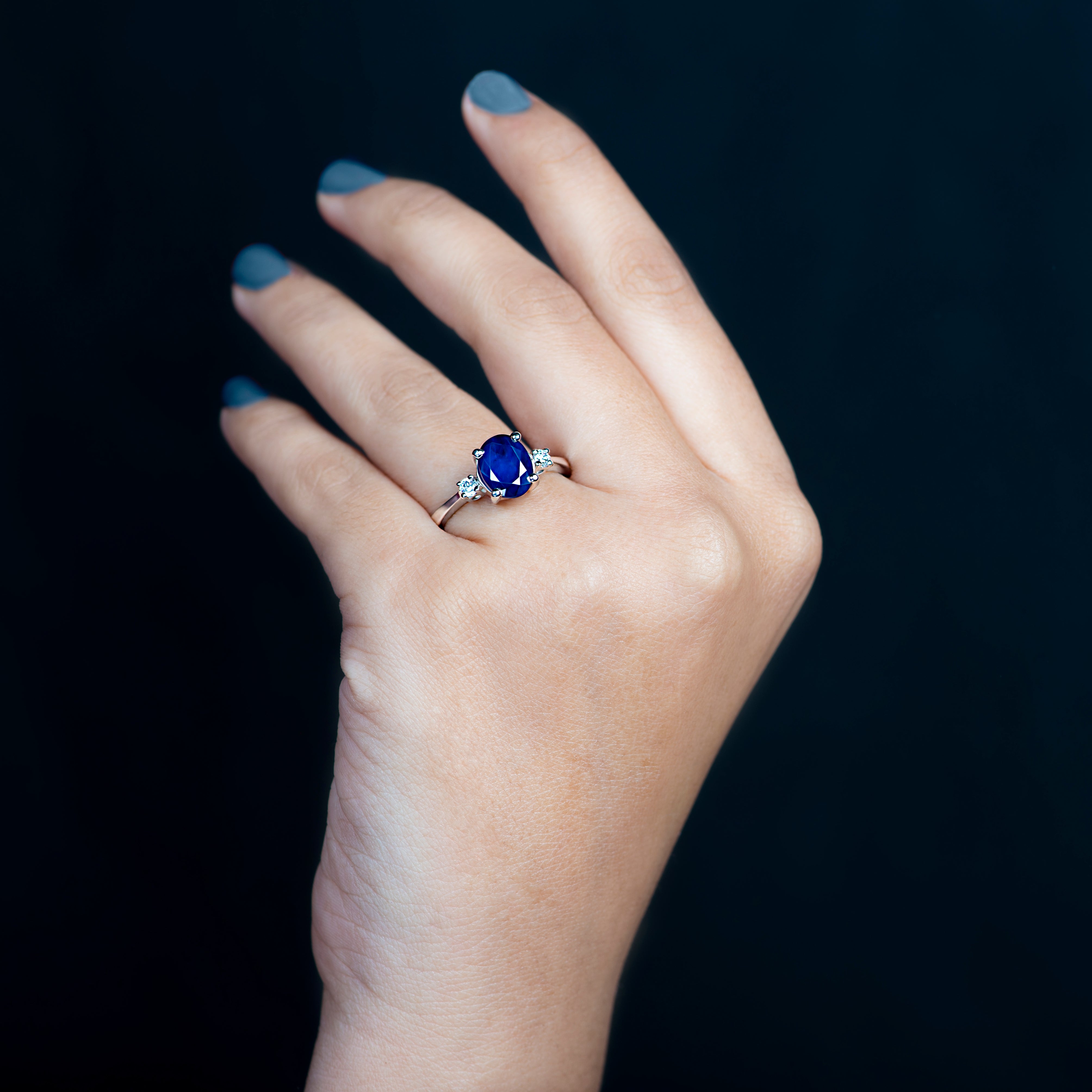 5-Stone Blue Sapphire Engagement Ring in Platinum with Diamond Halo JL