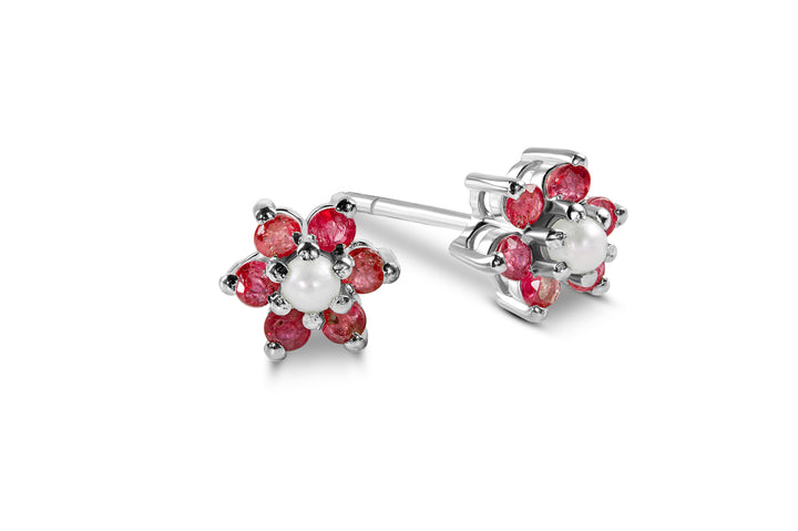 Genuine Ruby With Freshwater Pearls Studs In Sterling Silver 925