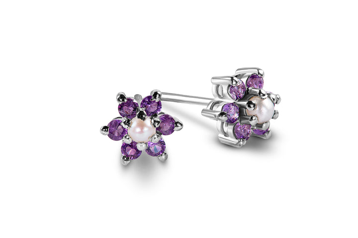 Genuine Amethyst With Freshwater Pearls Studs In Sterling Silver 925