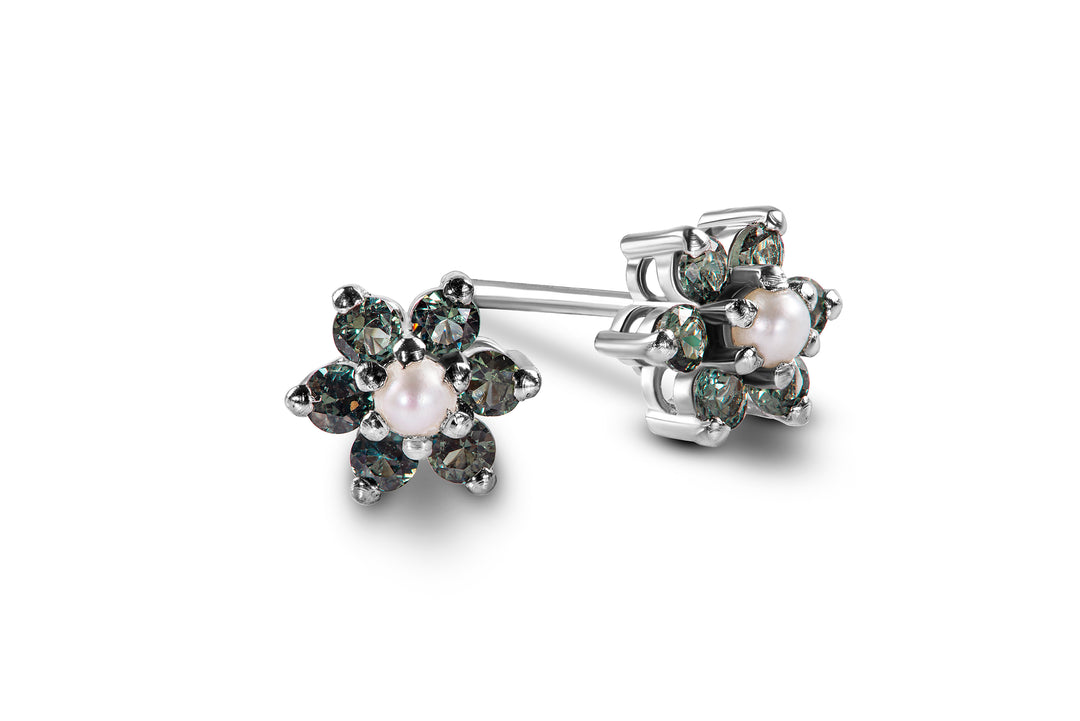 Natural Tourmaline and Natural Pearl Studs in Sterling Silver 925