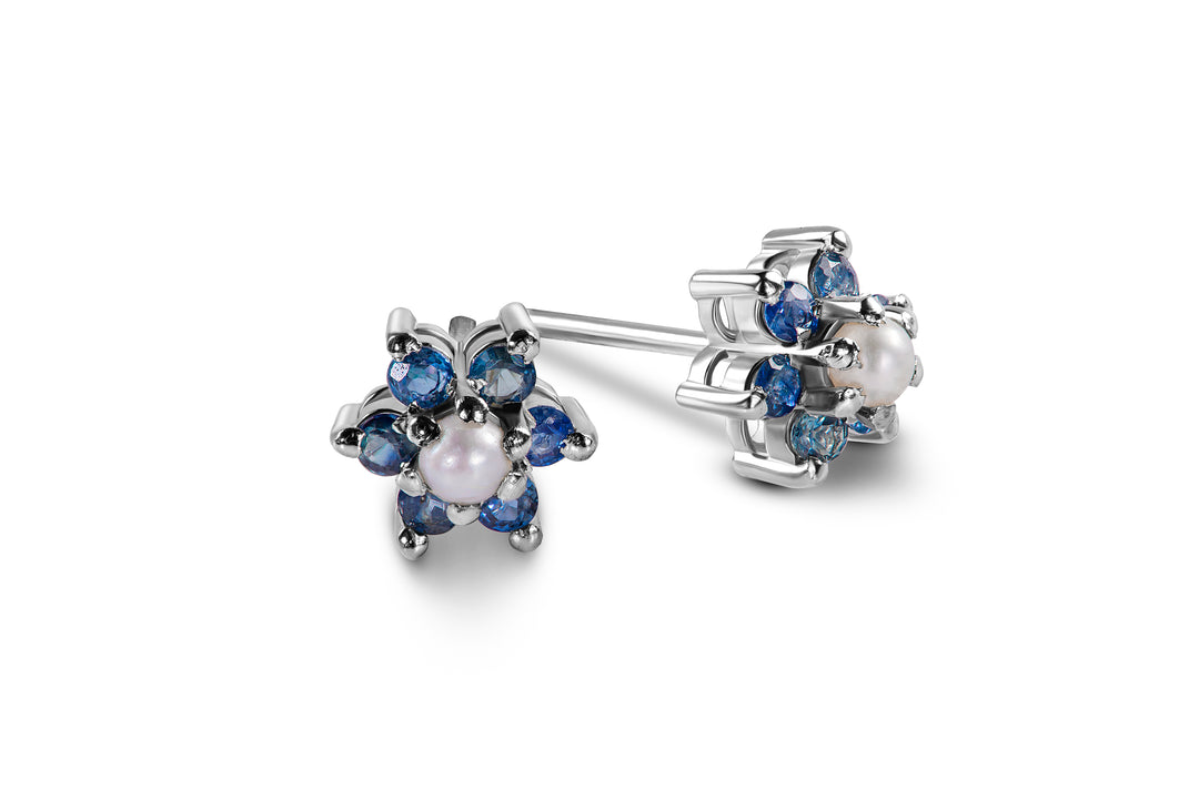 Genuine  Sapphire With Freshwater Pearl Studs Earrings In Sterling Silver 925