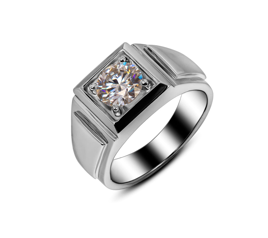 Handcrafted 2 Carat Moissanite Male Ring  in 925 silver with shiny finish