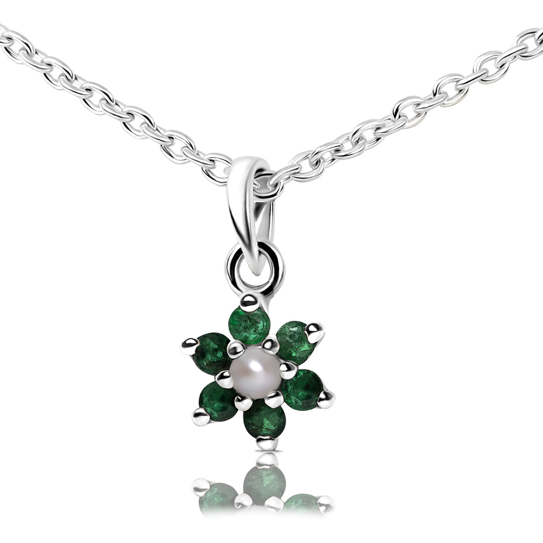 Natural Emerald and Natural Pearl Necklace in Sterling Silver 925