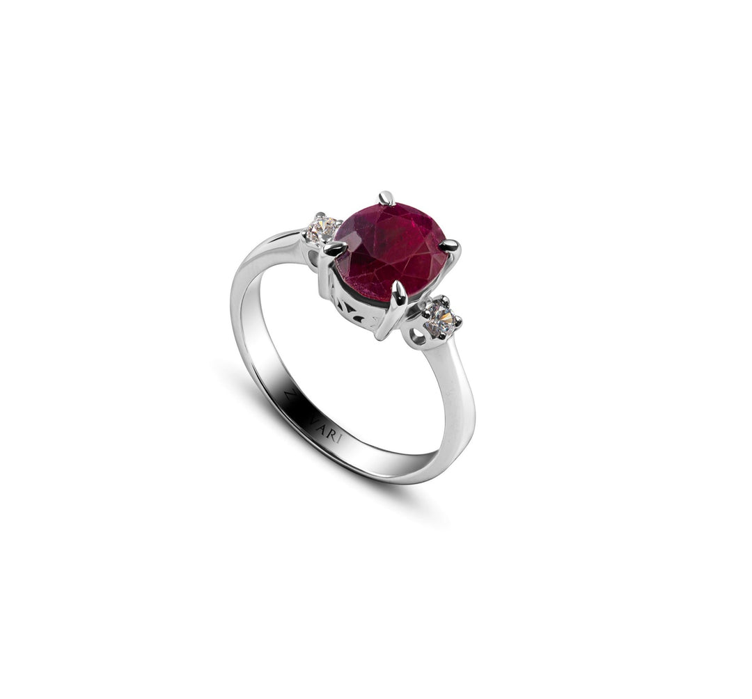Magnificent Ruby Stone Ring by Zanvari — large natural ruby 2.8–3.3CT with cubic zirconia in 925 sterling silver with rhodium plating, Pakistan.