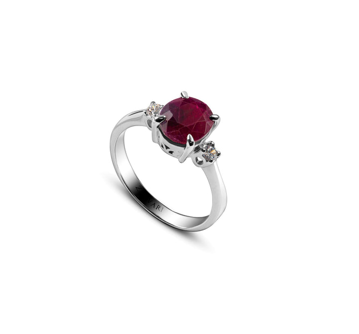 Magnificent Ruby Stone Ring by Zanvari — large natural ruby 2.8–3.3CT with cubic zirconia in 925 sterling silver with rhodium plating, Pakistan.